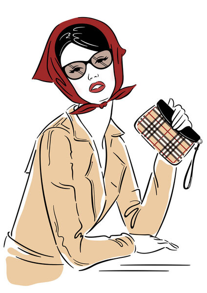 Векторная иллюстрация. Модная женщина в красной шали
