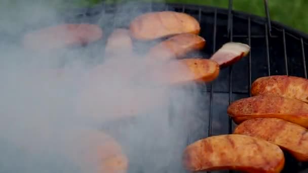 Salsichas grelhadas no verão — Vídeo de Stock