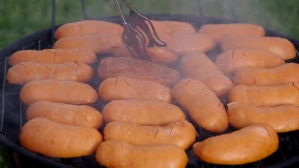 Salsichas grelhadas no verão — Vídeo de Stock