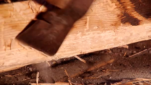 Corte de una viga de madera con un hacha — Vídeos de Stock
