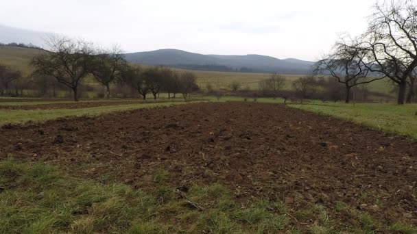 Оранка землі в саду — стокове відео