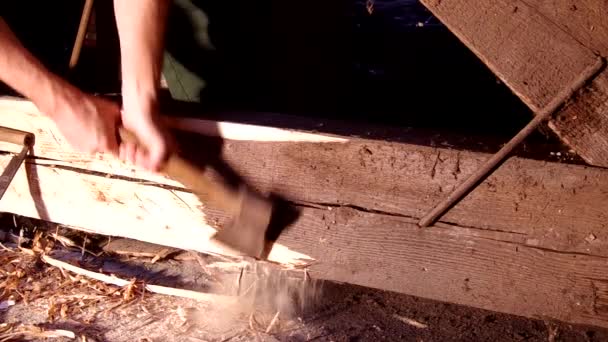 Taglio di una trave di legno con un'ascia — Video Stock