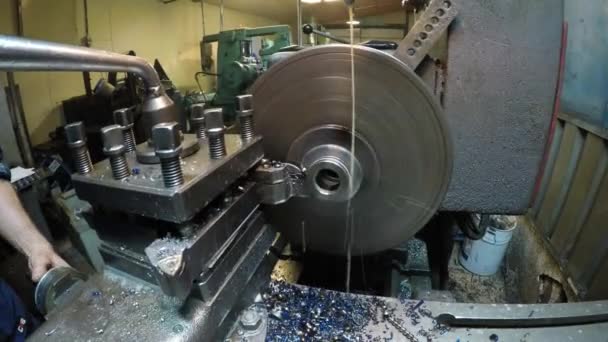 Man Working Lathe Workshop — Stock Video