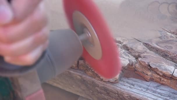 ドリルでクルミ材の樹皮を処理する — ストック動画