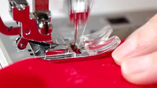 Sewing Red Fabric Sewing Machine — Stock Video