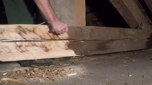 Hout Hakken Met Twee Handen Mes Prisma Besmet Met Hout — Stockvideo