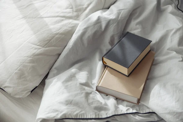two books gray and beige on a white bedding quilt and sunbeams