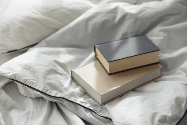 Two Books Gray Beige White Bedding Quilt Sunbeams — Stock Photo, Image