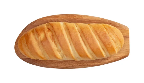 Geïsoleerd brood op houten snijplank op witte ondergrond. — Stockfoto