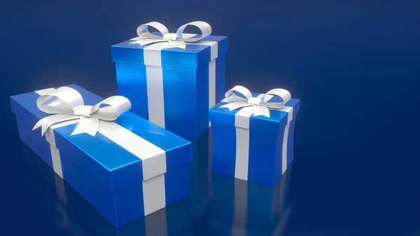 Három Kék Ajándékdoboz Fehér Szalaggal Kék Háttérrel Fogalom Üdvözlőlapra Boldog — Stock Fotó