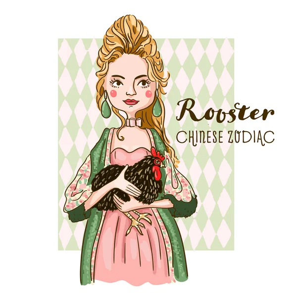 Beautiful girl with rooster. — Stock Vector