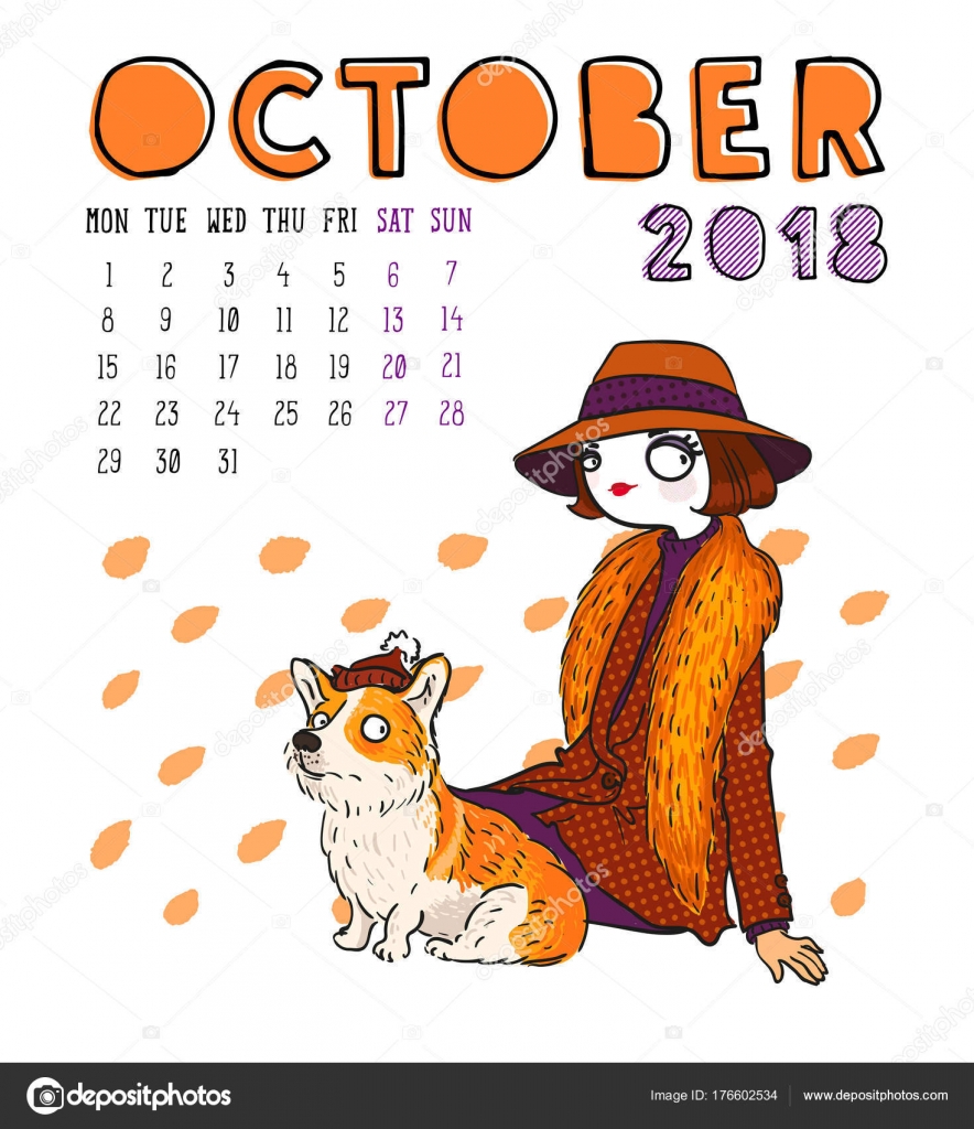 Kalender 2018, oktober maand. Seizoen meisje met hond ...
