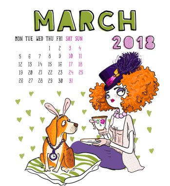 Takvim 2018, Mart ay. Köpek ile sezon kız. Vektör illust