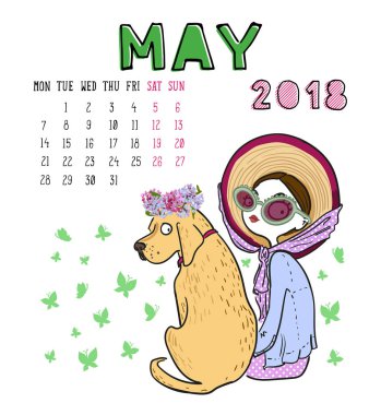 Takvim 2018, Mayıs ay. Köpek ile sezon kız. Vektör illustra