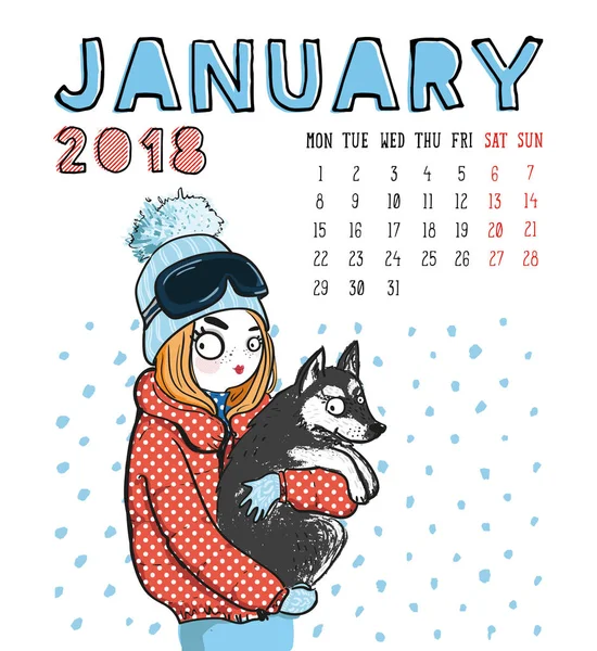 Calendário 2018, mês de janeiro. Temporada menina com cão. Vetor illus —  Vetores de Stock