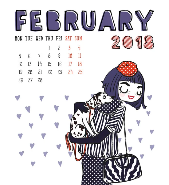 Ημερολόγιο 2018, μήνα Φεβρουάριο. Σεζόν κορίτσι με σκύλο. Διάνυσμα άρρωστος — Διανυσματικό Αρχείο