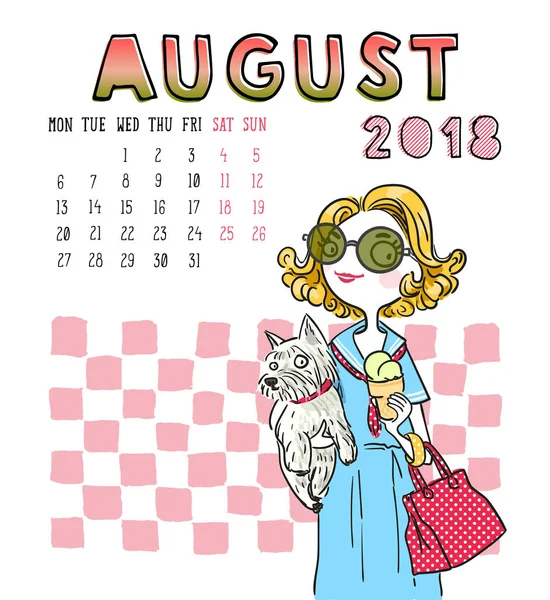 Calendario 2018, mes de agosto. Chica de temporada con perro. Vector illus — Vector de stock