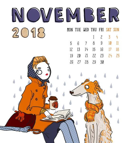 Calendario 2018, mes de noviembre. Chica de temporada con perro. Vector enfermo — Vector de stock