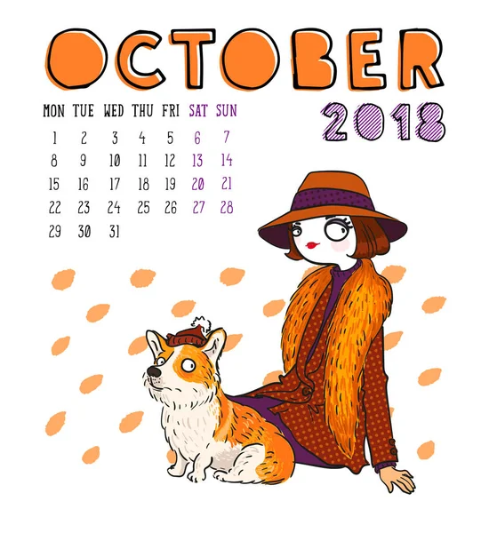 Calendario 2018, mes de octubre. Chica de temporada con perro. Vector illu — Vector de stock