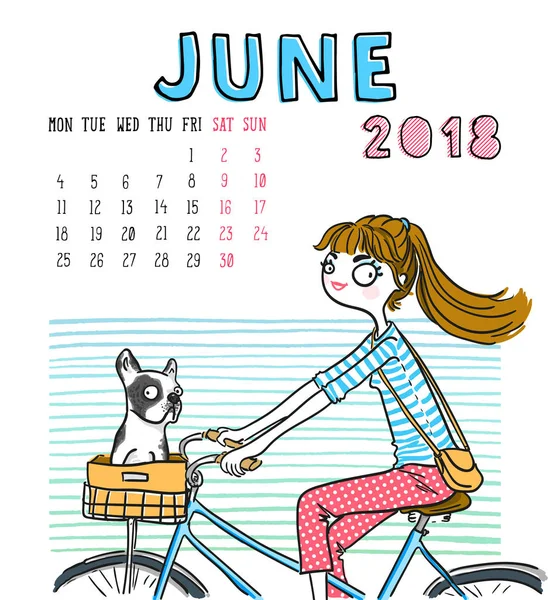 Calendario 2018, mes de junio. Chica de temporada con perro. Vector illustr — Vector de stock