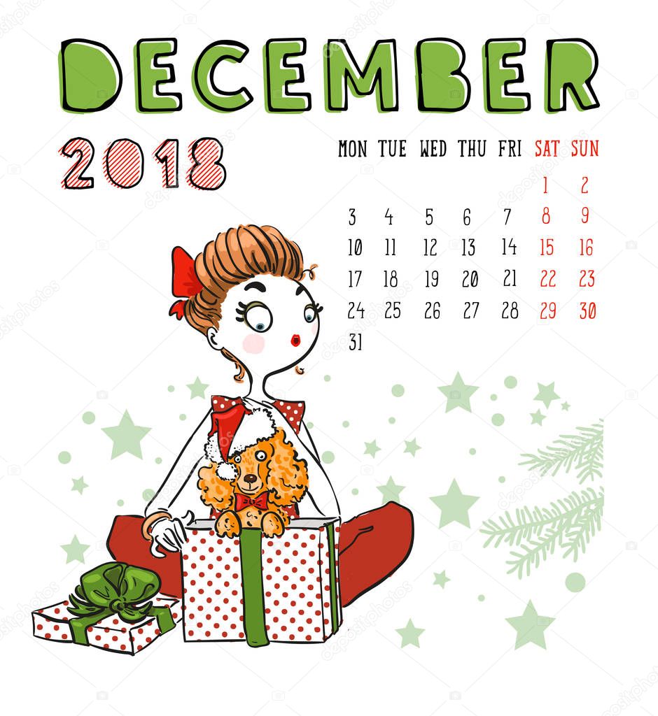 Calendar 2018, december month. Season girl with dog . Vector ill