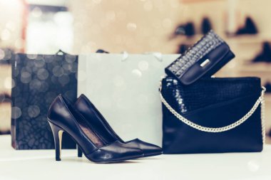 Yüksek topuklu zarif deri kadın ayakkabıları, kadın çantası, cüzdan.