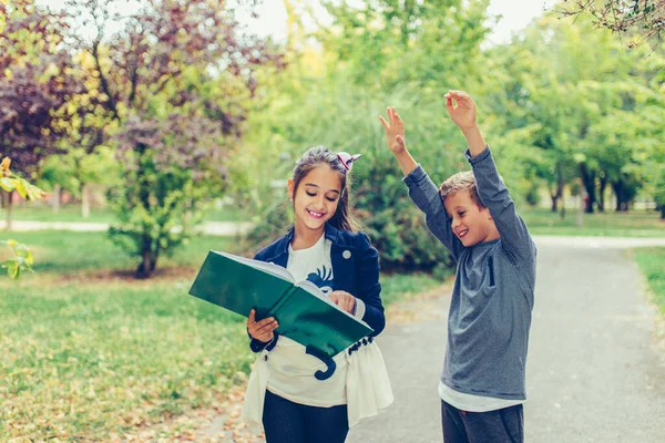 Bambini felici che festeggiano il successo con le mani alzate . — Foto Stock