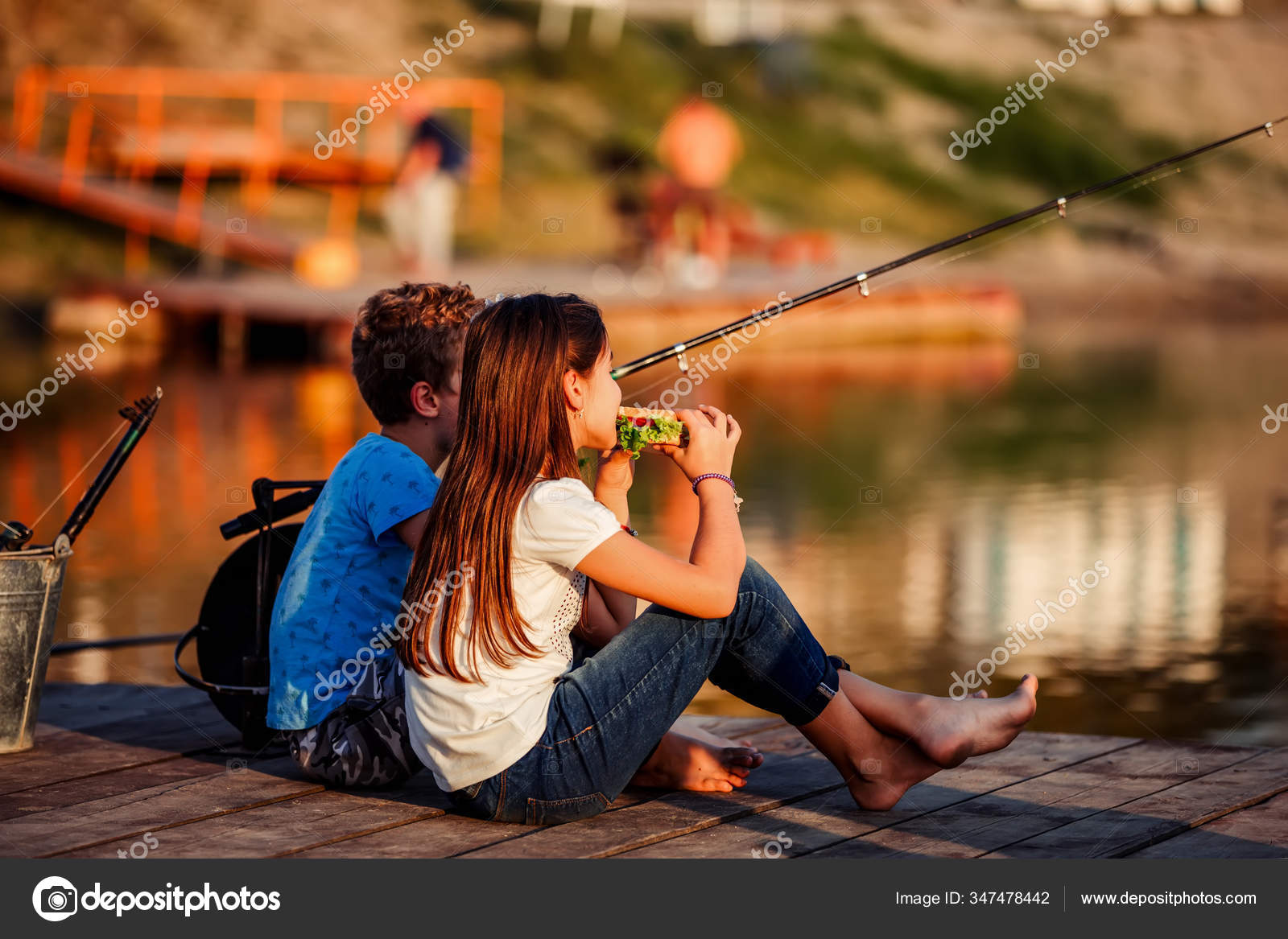 Two Young Cute Little Friends Boy Girl Eating Sandwiches Fishing ...