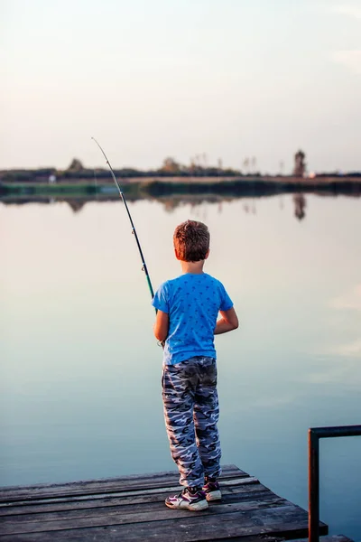 那个拿着钓竿的男孩 在阳光明媚的夏日 可爱的孩子在湖上钓鱼 — 图库照片