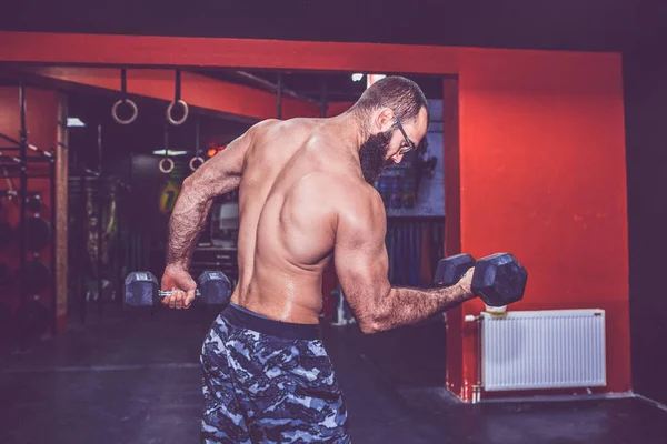 Young Bearded Man Naked Torso Doing Exercise Lifting Dumbbell Weights — Stock Photo, Image