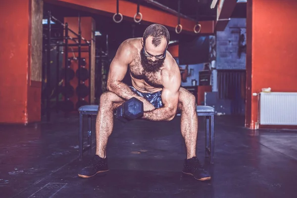 Young Muscular Bearded Man Naked Torso Doing Exercise Lifting Dumbbell — Stock Photo, Image