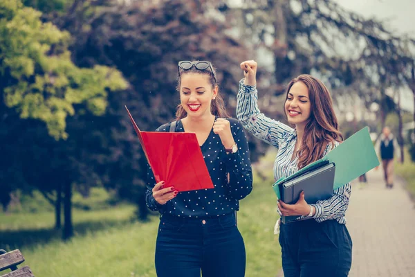 Dos Amigas Emocionadas Estudiantes Celebrando Éxito Parque — Foto de Stock