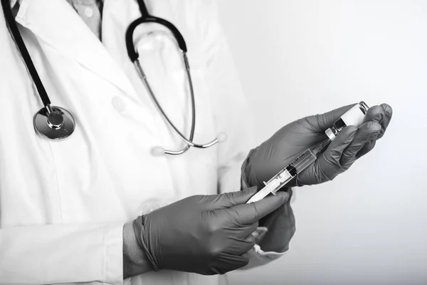 Doctor White Lab Coat White Background Holding Syringe Medicine His — Stock Photo, Image