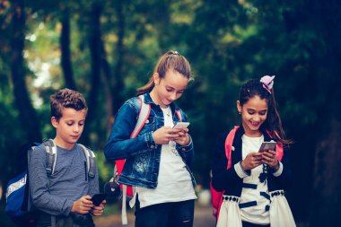 Bir grup mutlu arkadaş okuldan sonra takılıyor ve parkta yürürken akıllı telefon kullanıyorlar..