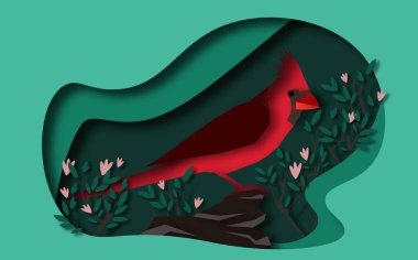 Kuzey Kuşu Kardinali. Kağıt kesim stilinin bahar çizimi. Uluslararası Kuşlar Günü kartpostalı.