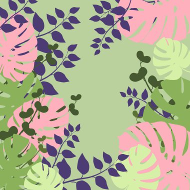 Tropikal orman temalı bir resim. Birçok farklı tropikal bitki yaprakları. Mesaj için boş bir yer. Kağıt kesim biçiminin renkli çizimi