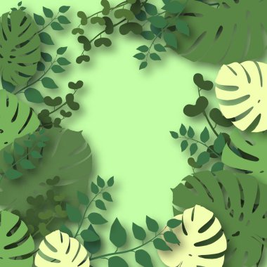 Tropikal orman temalı bir resim. Birçok farklı tropikal bitki yaprakları. Mesaj için boş bir yer. Kağıt kesim biçiminin renkli çizimi