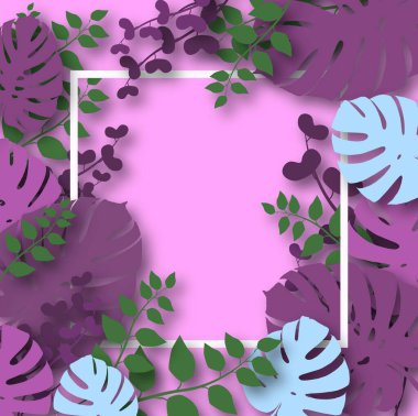 Tropikal orman temalı bir resim. Birçok farklı tropikal bitki yaprakları. Mesaj için boş bir yer. Kağıt kesim biçiminin renkli çizimi