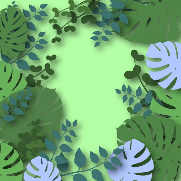 熱帯林をテーマにしたイラスト 熱帯植物の多くの異なる葉 テキストのための空の場所 紙切りスタイルのカラフルなイラスト — ストック写真