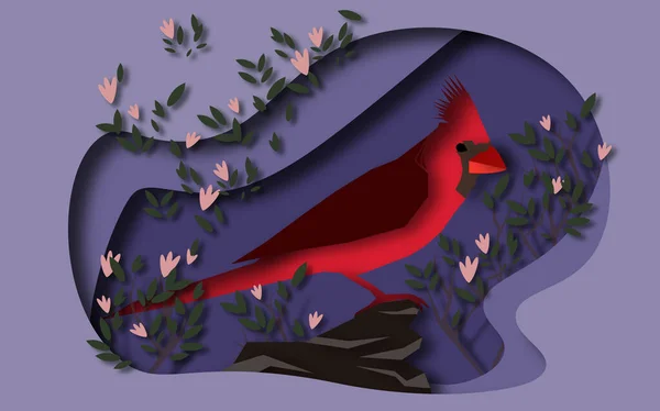 Bird Northern cardinal. Spring illustration of paper-cut style. Postcard to the International Day of Birds.