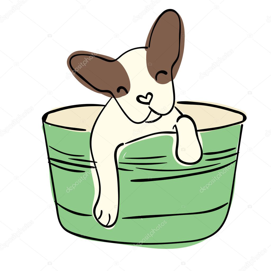 Illustration for children. Bathing puppies. Puppies in a bath for bathing. Grooming dogs and caring for their wool.