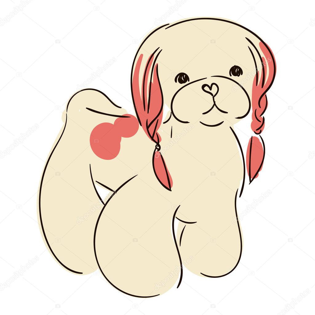 Illustration for children. Decorative dog, breeds of lap-dog with pigtails on the ears. Nice little face. Grooming dogs.