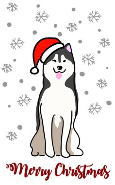  Kış, yeni yıl ve noel teması üzerine vektör illüstrasyon. Kızak köpeği. Noel Baba şapkalı Husky. Kar yağıyor. Mutlu Noeller..