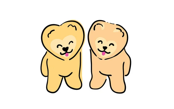 バレンタインデーの甘いイラスト ポメラニアの犬の品種のエナメル犬のペア 大きなピンクのハートを背景にかわいい犬とポストカード 毛皮のようなピンクの犬のペア — ストックベクタ