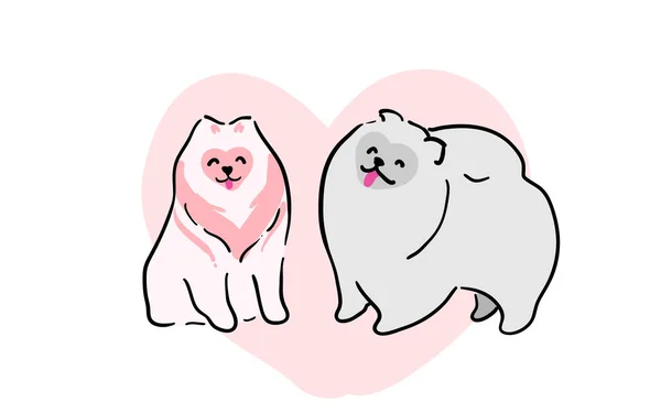 圣瓦伦丁节的一个很好的例证 波美拉尼亚狗的一对宠爱的狗 明信片上有一只可爱的狗 背景是一颗大大的粉色的心 一对毛茸茸的粉红狗 — 图库矢量图片
