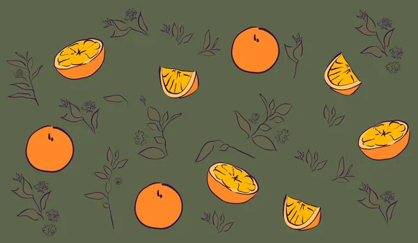 Pomeranče Listí Vzor Rostlinami Ovocem Vektorová Ilustrace Kterou Lze Použít — Stockový vektor