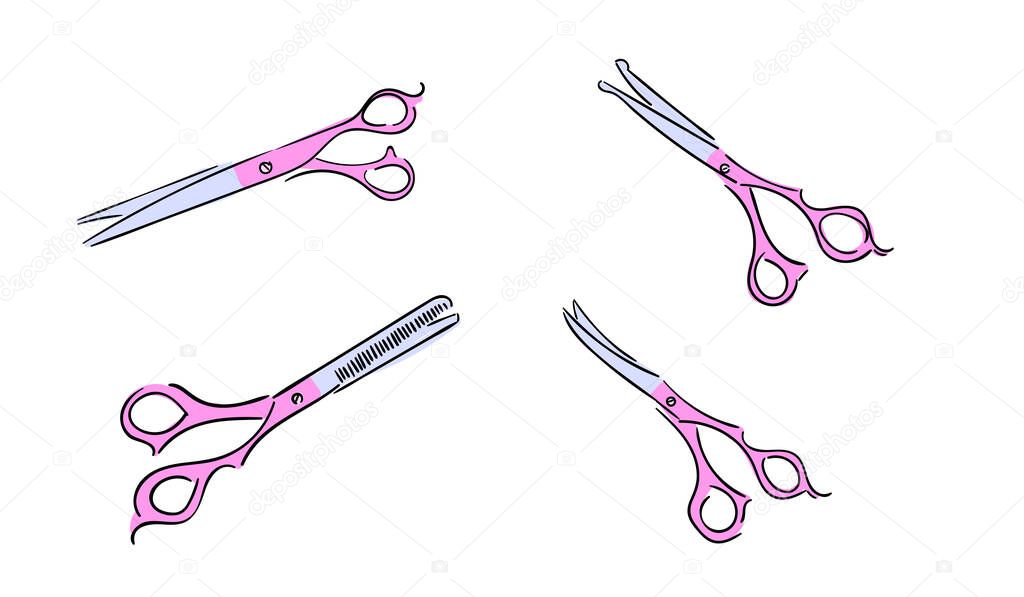 Pattern of scissors for grooming dogs. Scissors with dark green handles. Thinning, straight and curved scissors.