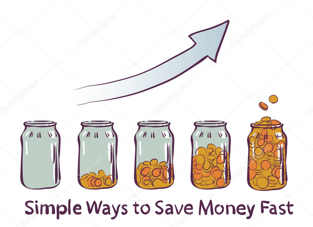 Saving money. Increased money saved. Coins in a glass jar. Jar for saving money. A Complete Beginner's Guide to Saving Money.