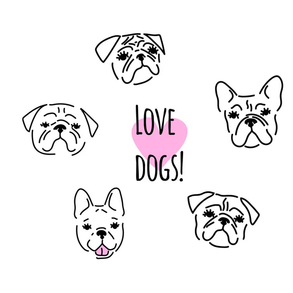 Leuke Pug Dog Portret Cartoon Stijl Leuke Pugs Franse Bulldog — Stockvector