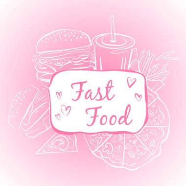 Restoran web sitesi için Gıda Afişi Tasarım Şablonu. Fast Food Teması 'nda Fast Food Menü Şablonu El Tarzı Çizimi Şekliyle Farklı Nesneler. Fast food dokusu.